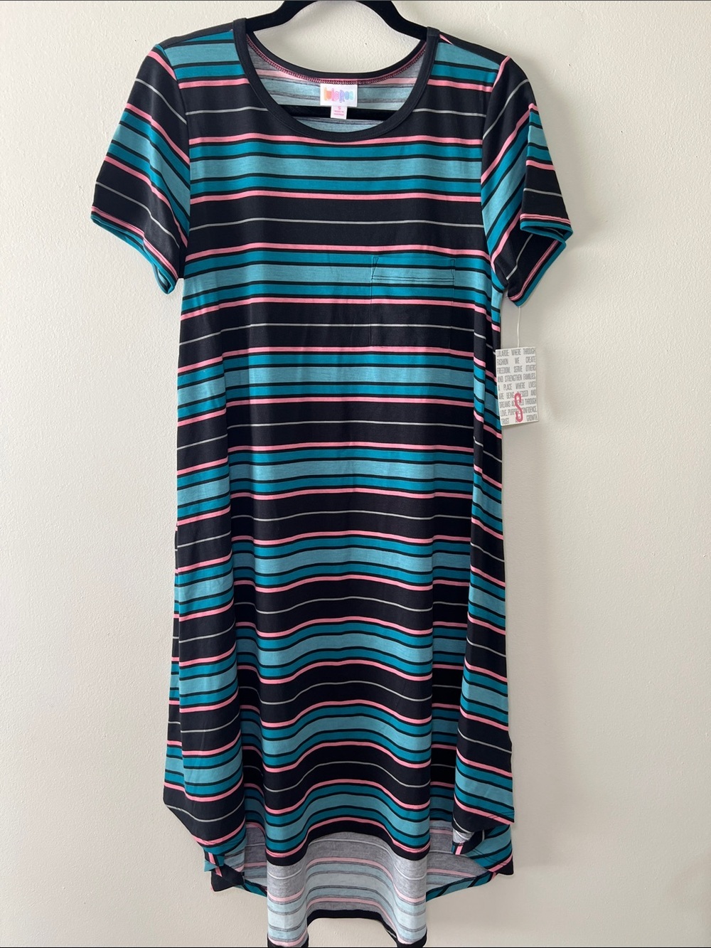 LuLaRoe Carly Black, Teal & Pink Striped Casual Pocket Dress